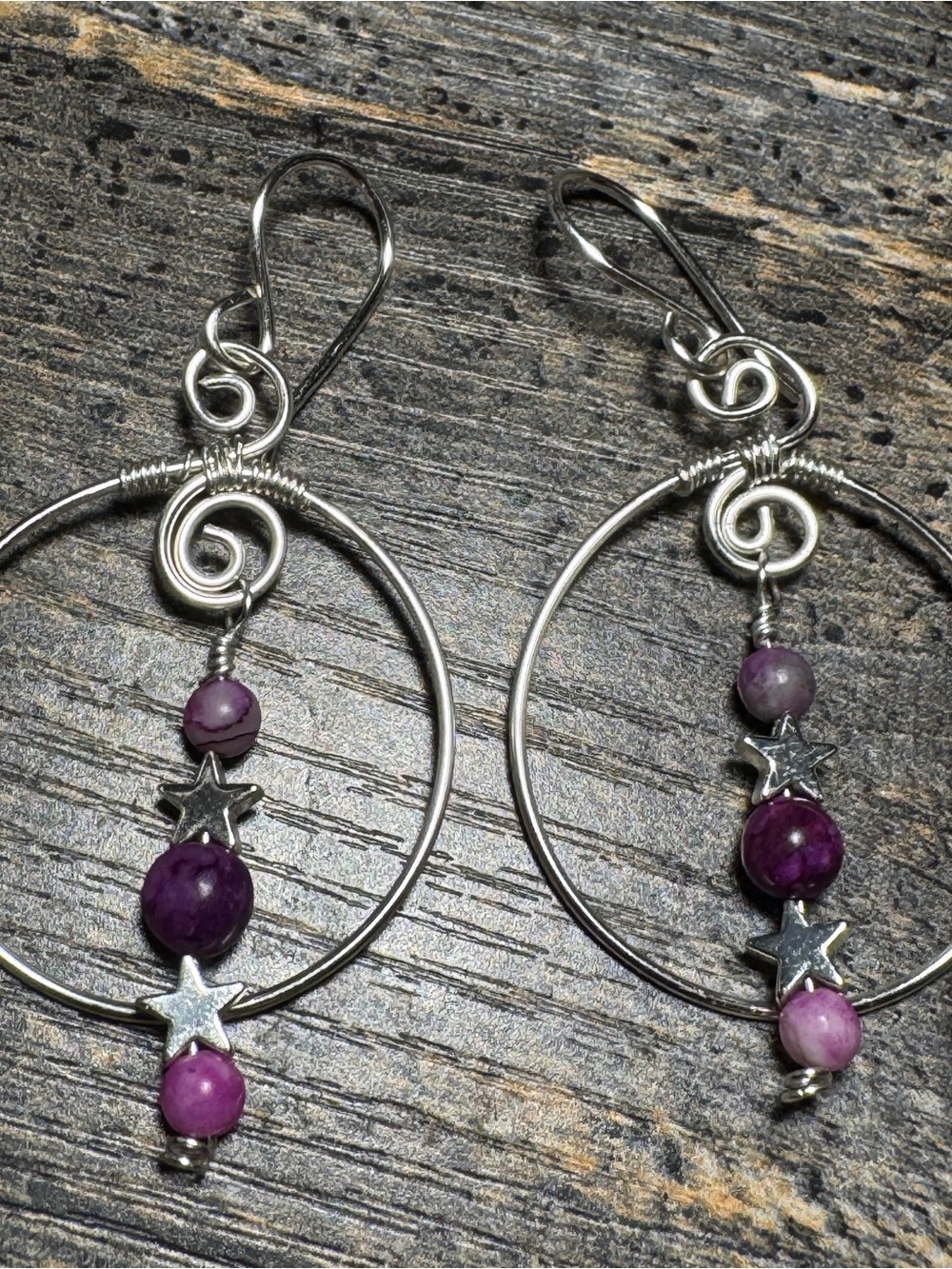 Handcrafted Sugilite and stars Hoop Earrings - Silver Tone